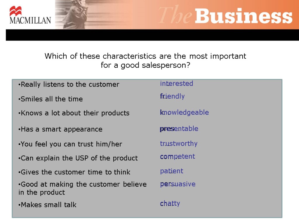 Which of these characteristics are the most important for a good salesperson? Really listens